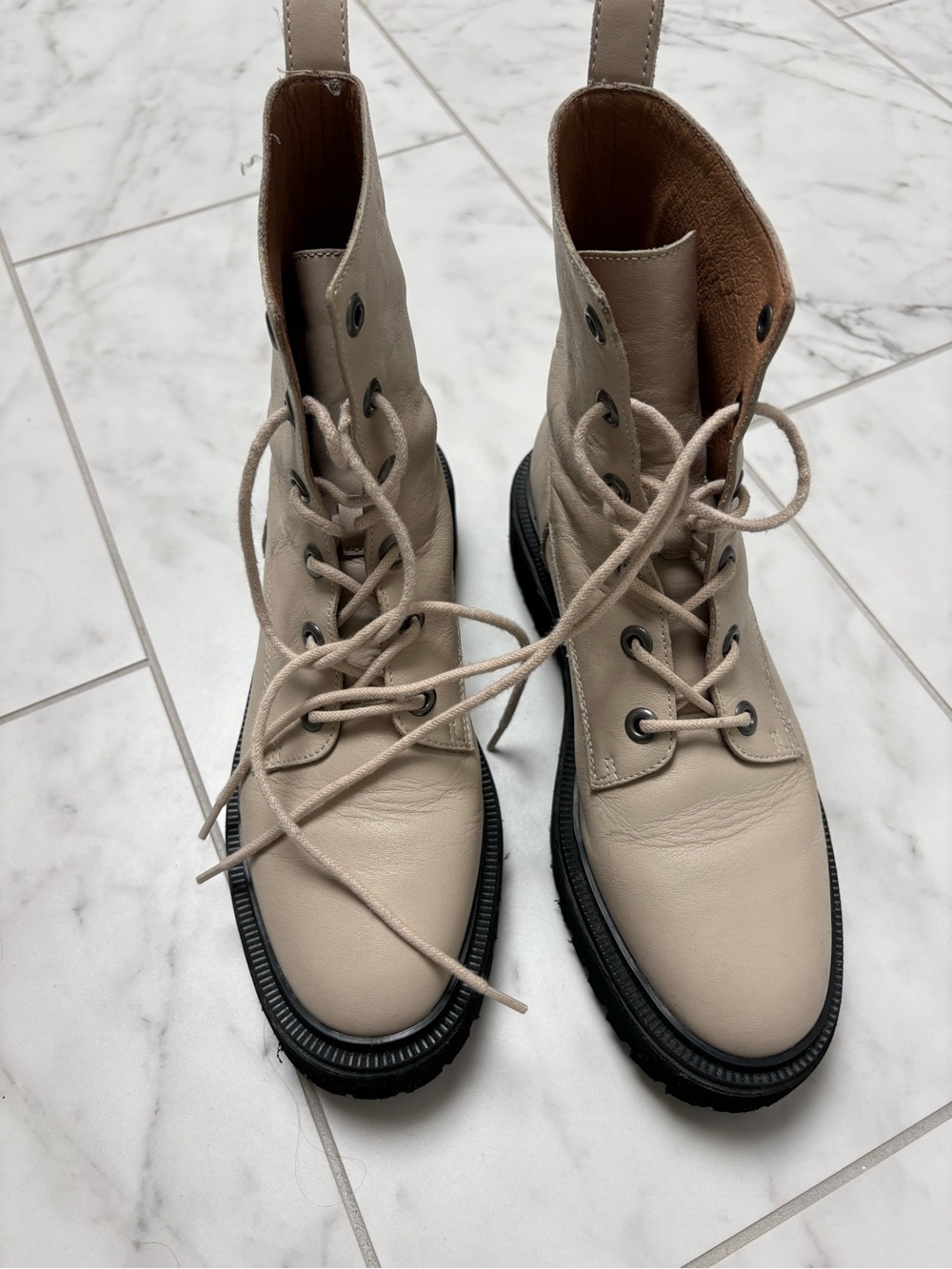 Beige Lace-Up Leather Combat Boots